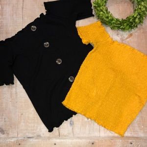 mustard yellow and black off the shoulder tops.
